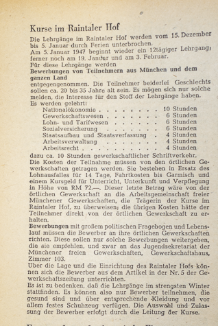 Die Kurse der Gewerkschaftsschule im Raintaler Hof