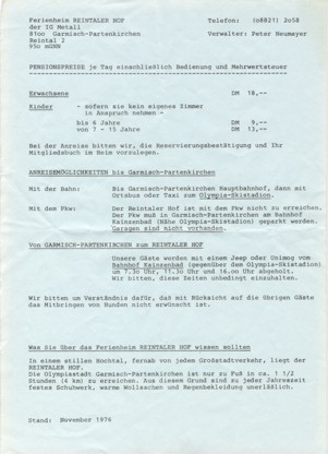 Preisliste des Reintaler Hofs von 1976