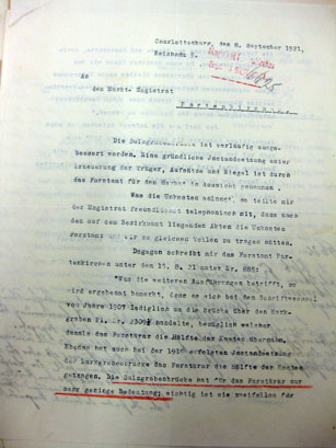 Reinhard Mumm wegen der Sulzgrabenbrücke im Jahr 1921 zum Reintalerhof